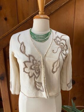 Vintage Beaded Botanical Cardigan Sweater
